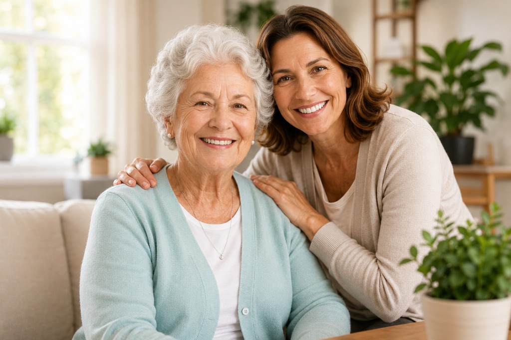 Daughter smiling with her senior mother in a warm, comfortable home
